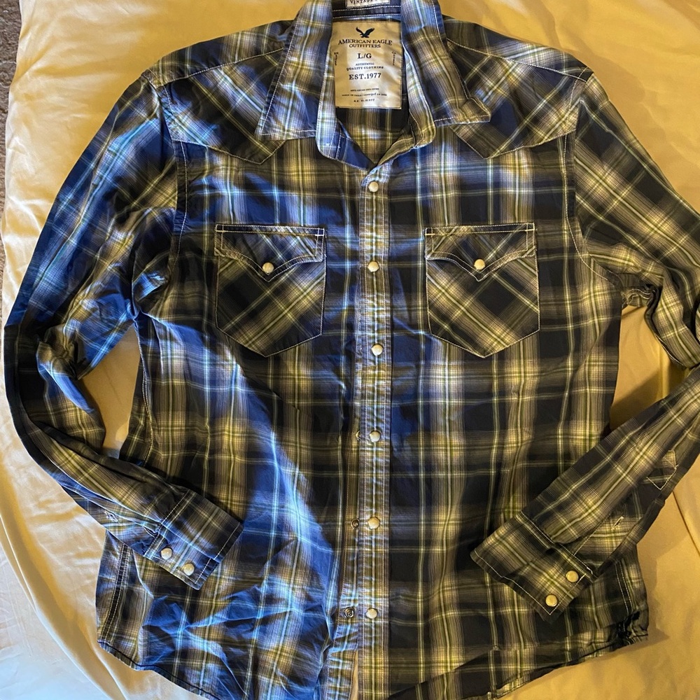 Two American Eagle Outfitters Men's Blue Plaid Shirts